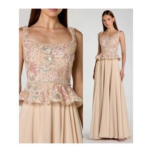NWT Mac Duggal Beige Embroidered Peplum Top With Chiffon Skirt Gown $798 Size 4